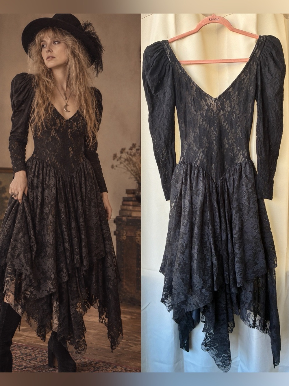 Vintage 80s Basque Waist Puff Sleeve Fairy Hem Goth Witch Lace Dress XS